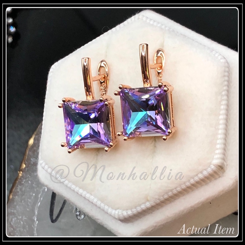 NEW 585 ROSE GOLD TOURMALINE PRISM SQUARE CUT HOOK EARRINGS - Picture 3 of 6